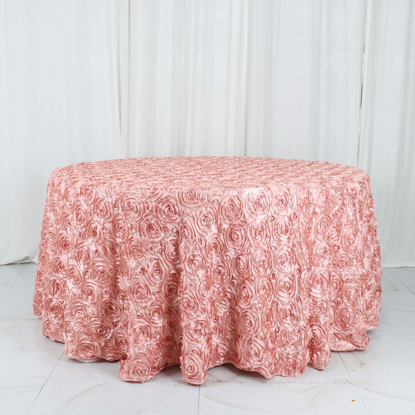 3D Rosette Tablecloth Satin Material Dusty Rose 120 Inch Round