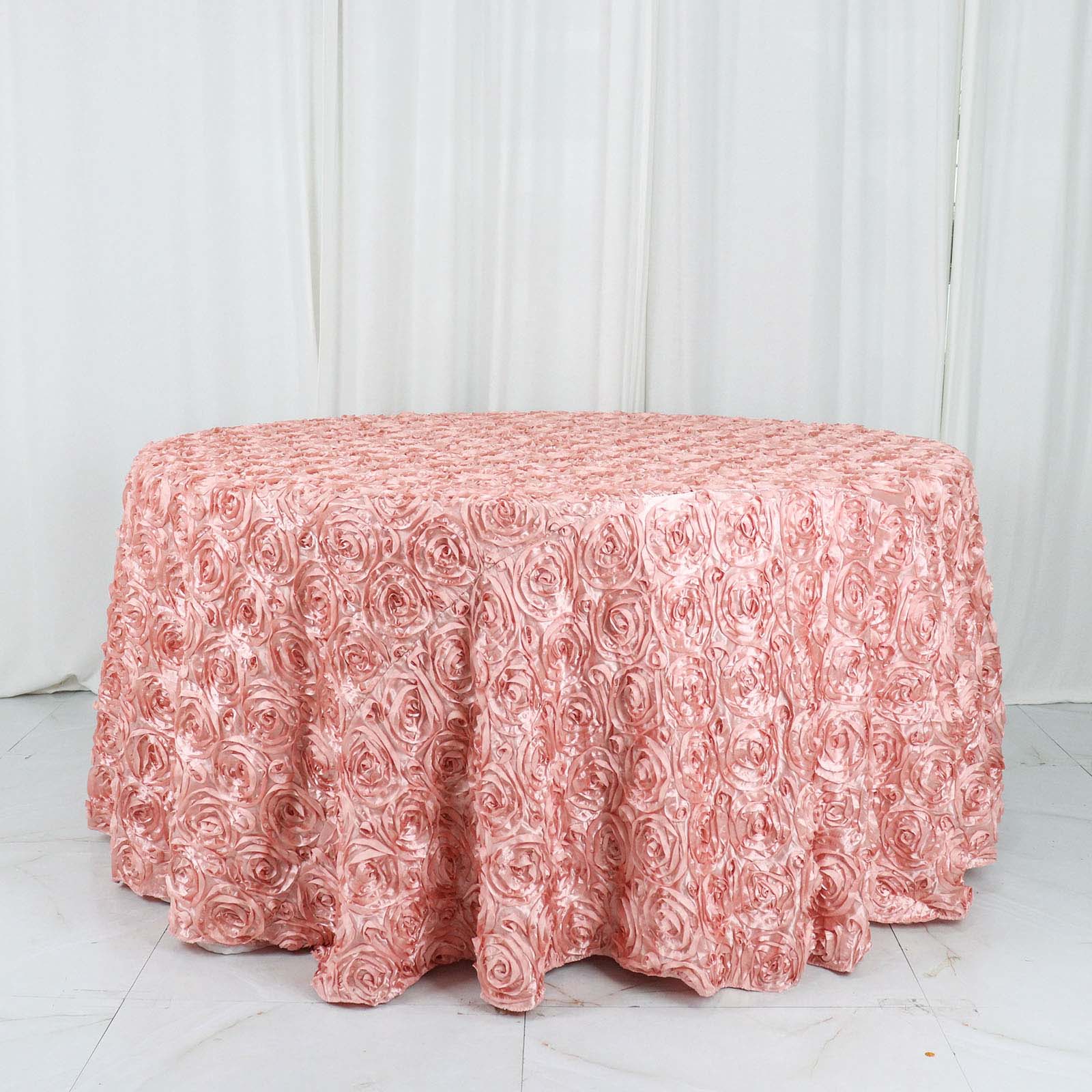 3D Rosette Tablecloth Satin Material Dusty Rose 120 Inch Round