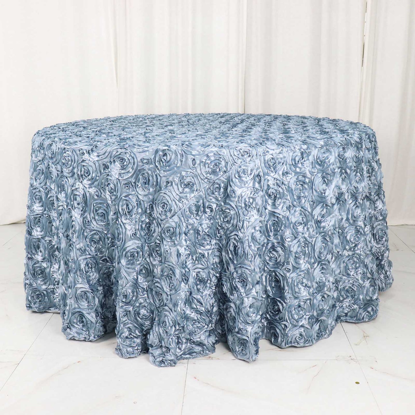 3D Rosette Tablecloth Satin Material Dusty Blue 120 Inch Round