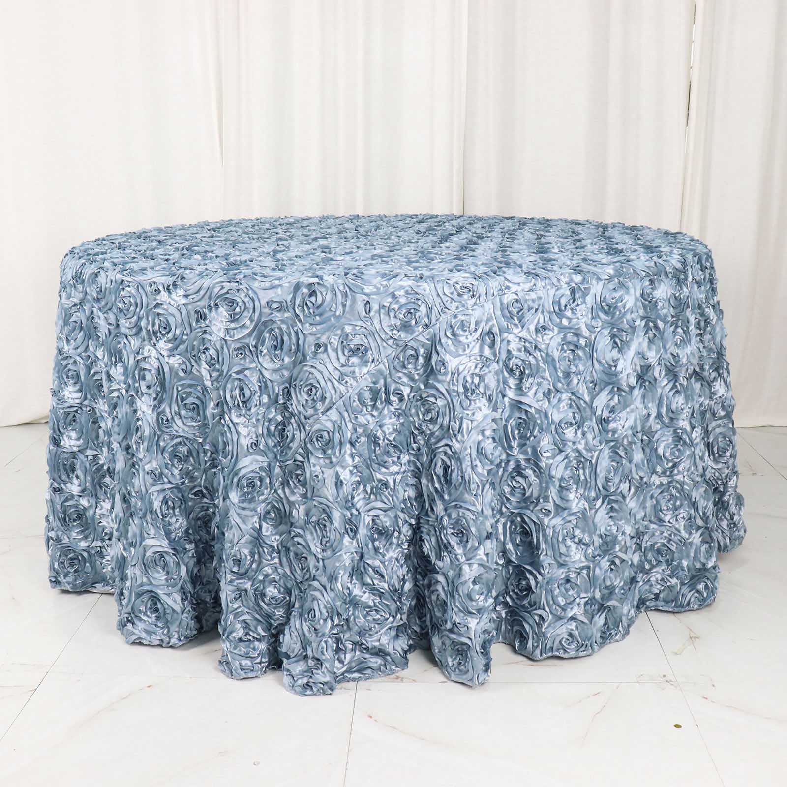3D Rosette Tablecloth Satin Material Dusty Blue 120 Inch Round