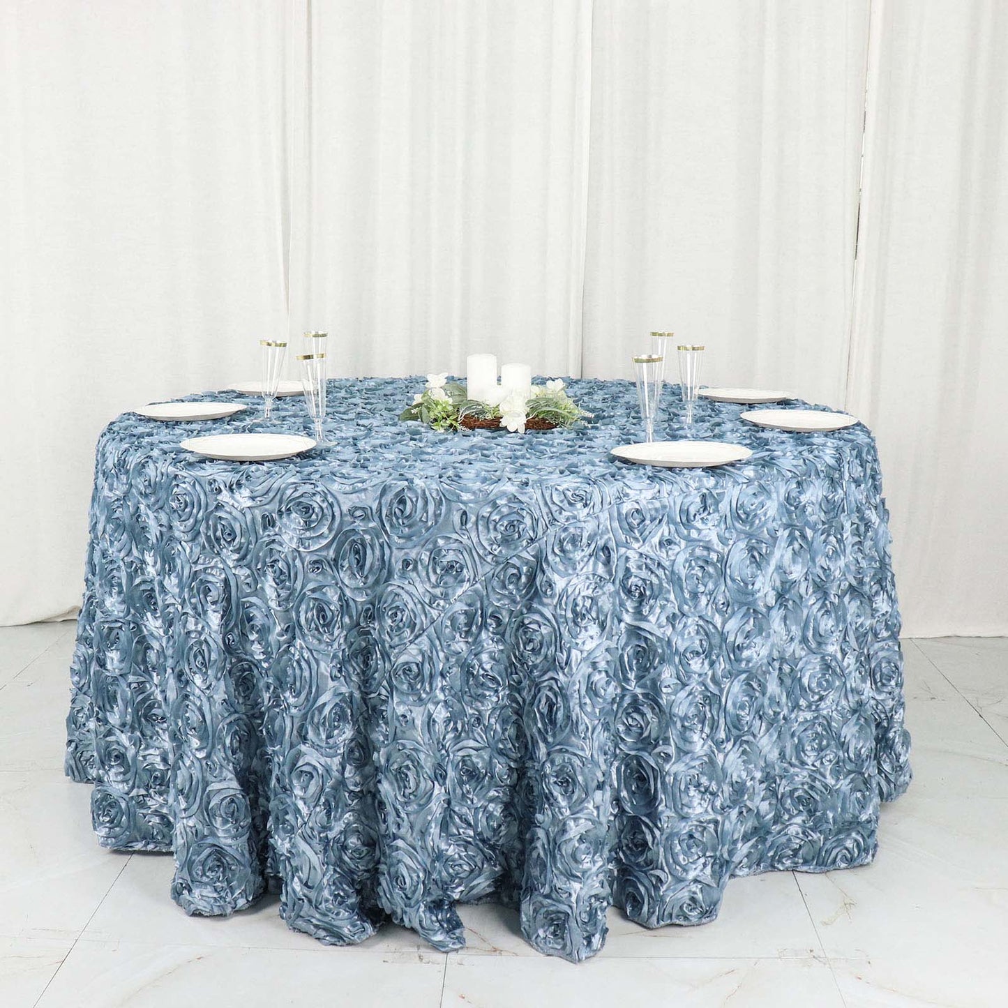 120" Dusty Blue Seamless Grandiose 3D Rosette Satin Round Tablecloth
