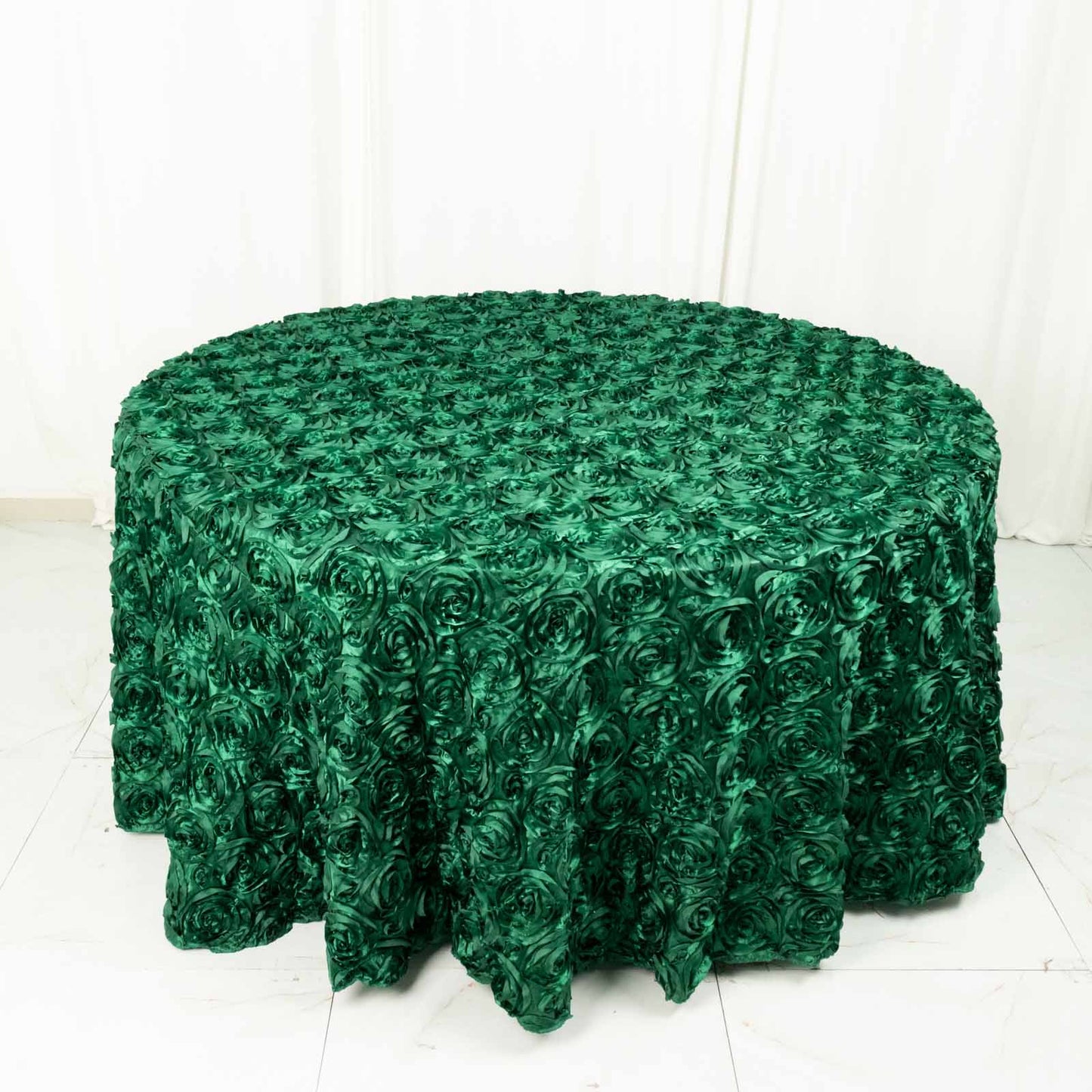 Satin Round Tablecloth Hunter Emerald Green 3D Rosette 120 Inch