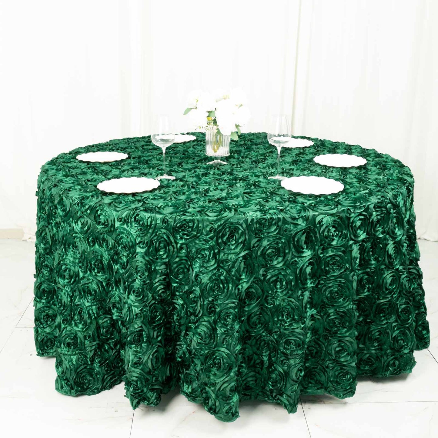 120" Hunter Emerald Green Seamless Grandiose 3D Rosette Satin Round Tablecloth