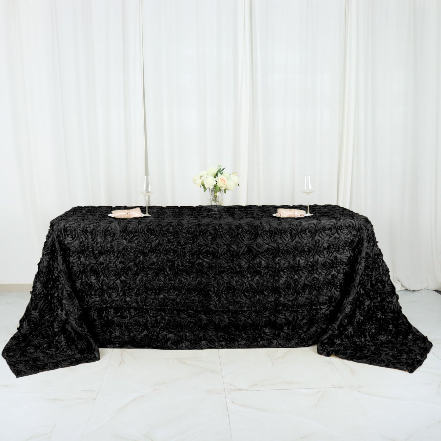 90"x132" Black Seamless Grandiose 3D Rosette Satin Rectangle Tablecloth