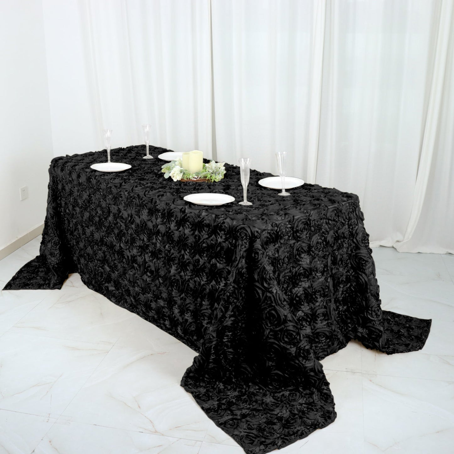 90x132inch Black Grandiose 3D Rosette Satin Rectangle Tablecloth