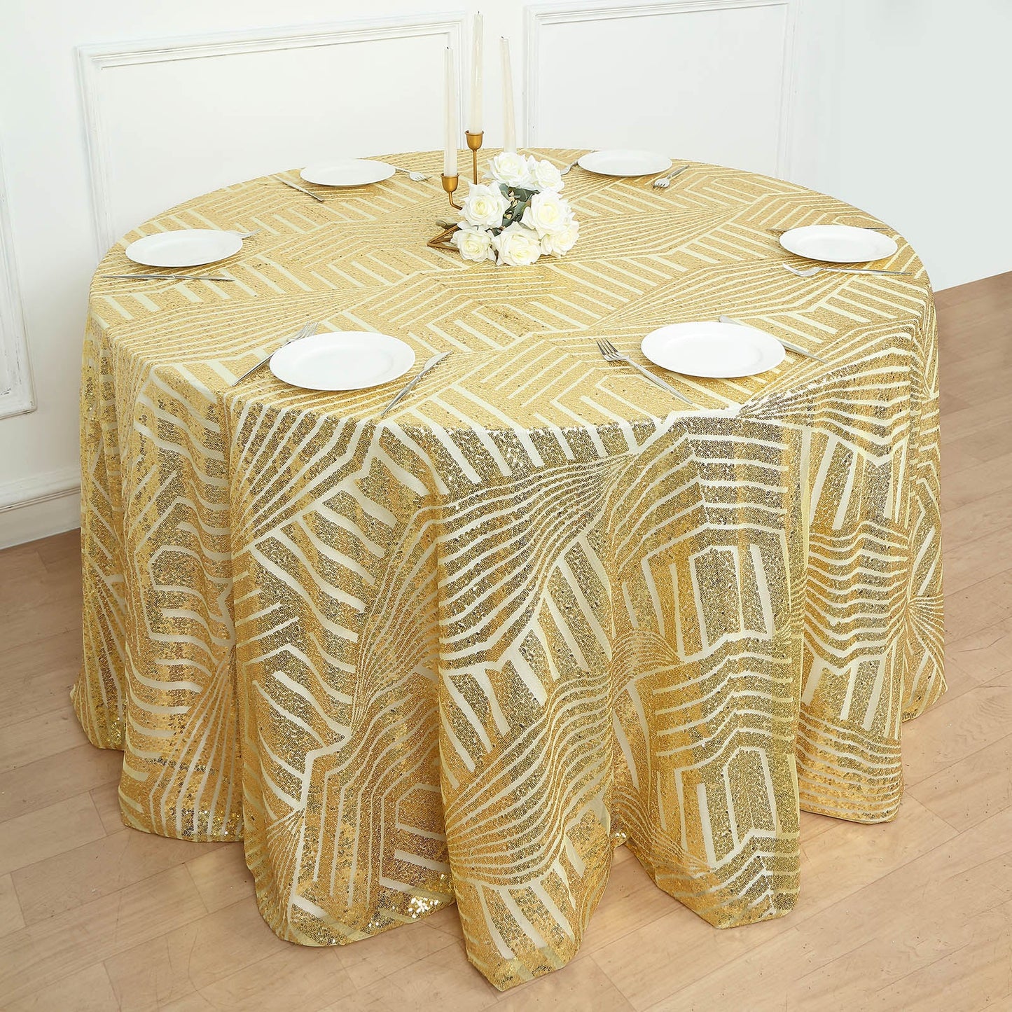 Gold sequin round tablecloth with diamond glitz design.