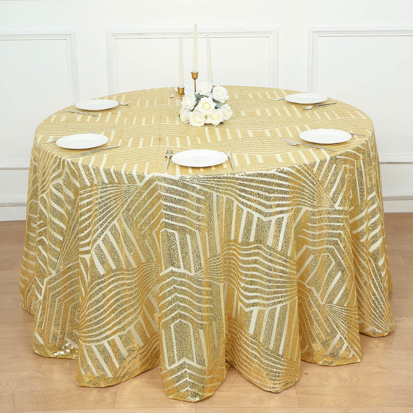 Gold sequin round tablecloth with diamond glitz design.