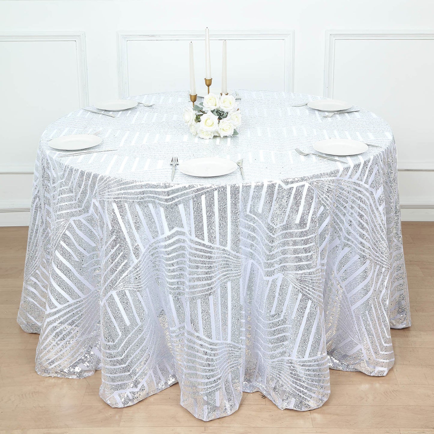Silver round sequin tablecloth for elegant events.
