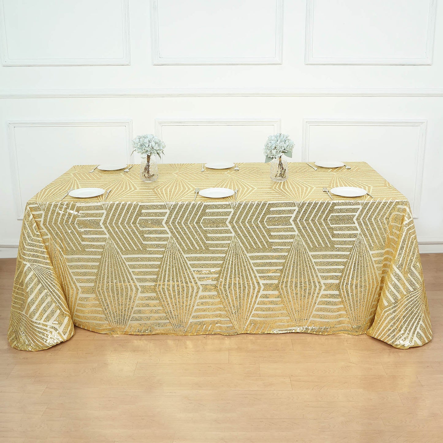 Gold diamond sequin rectangular tablecloth, 90"x132".