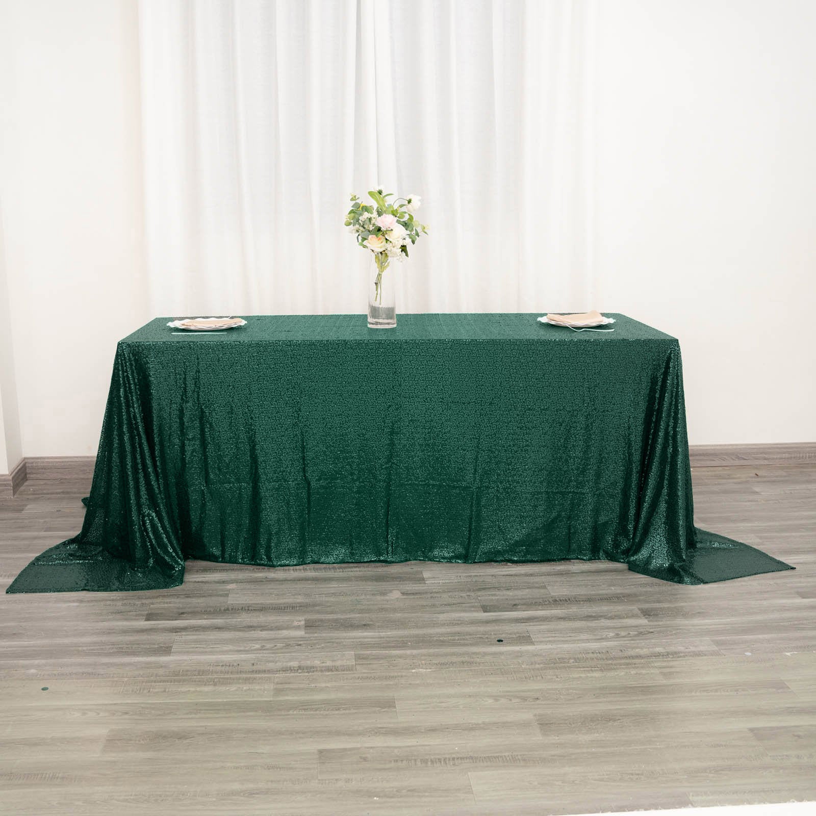 90 Inch By 132 Inch Seamless Hunter Emerald Green Rectangle Tablecloth With Sequin
