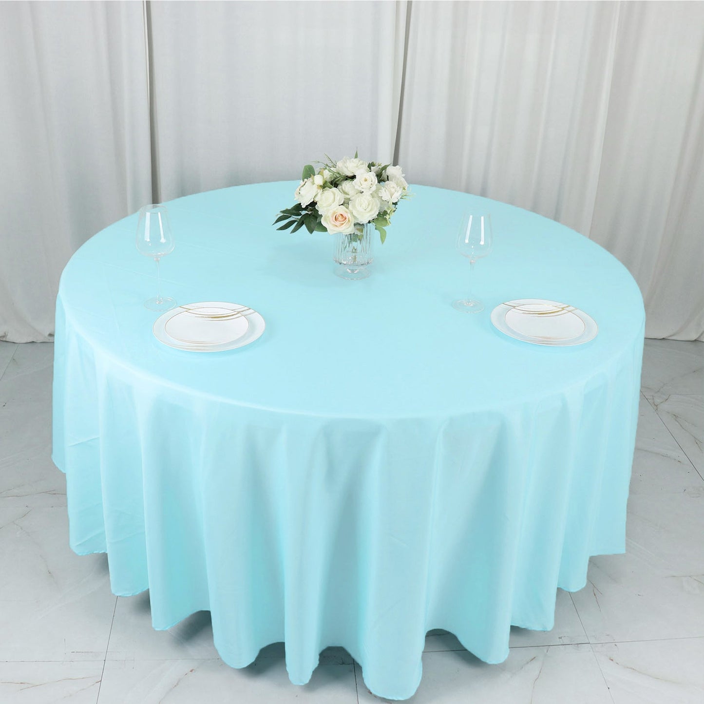 Round Blue Polyester Tablecloth 108 Inches
