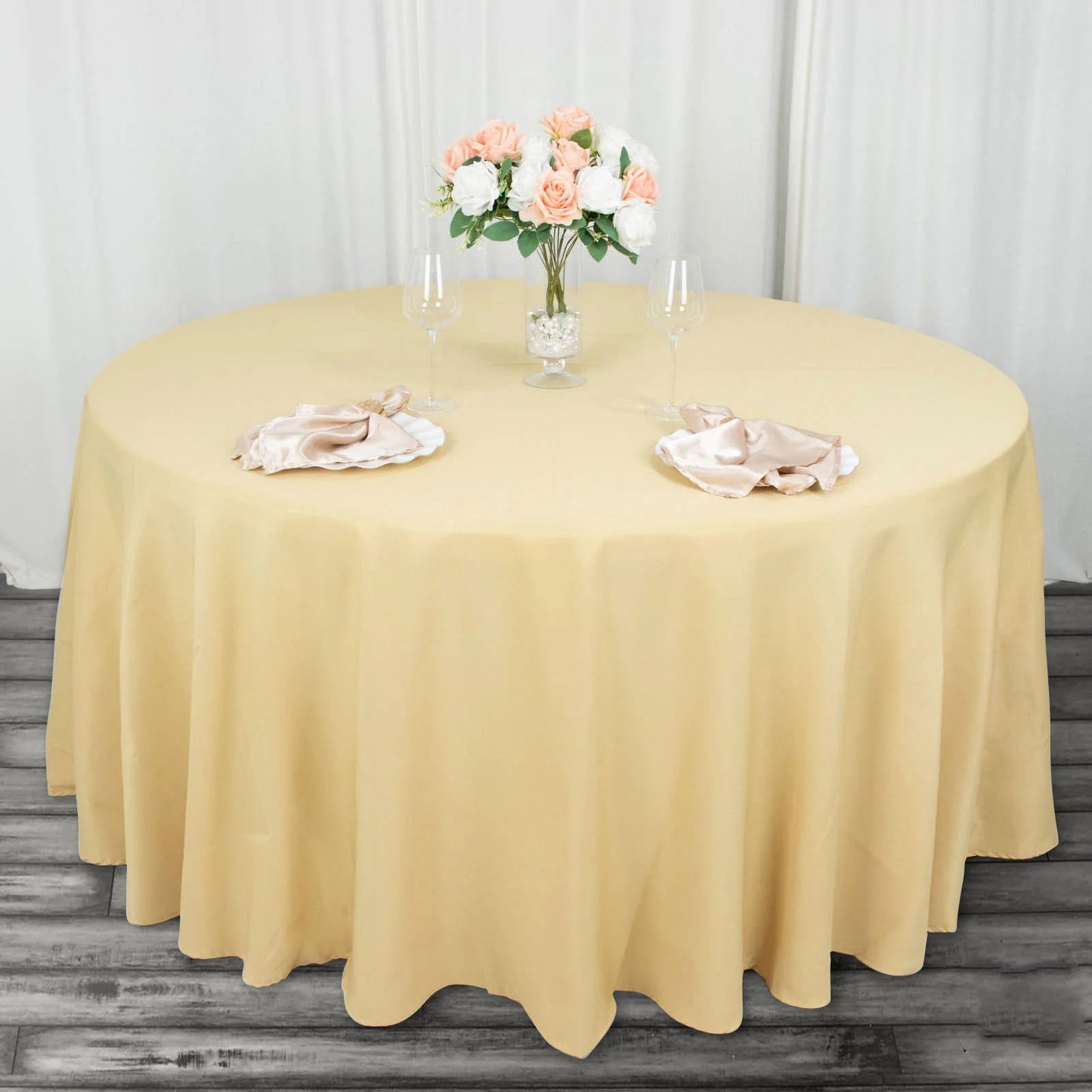 120inch Champagne 200 GSM Seamless Premium Polyester Round Tablecloth