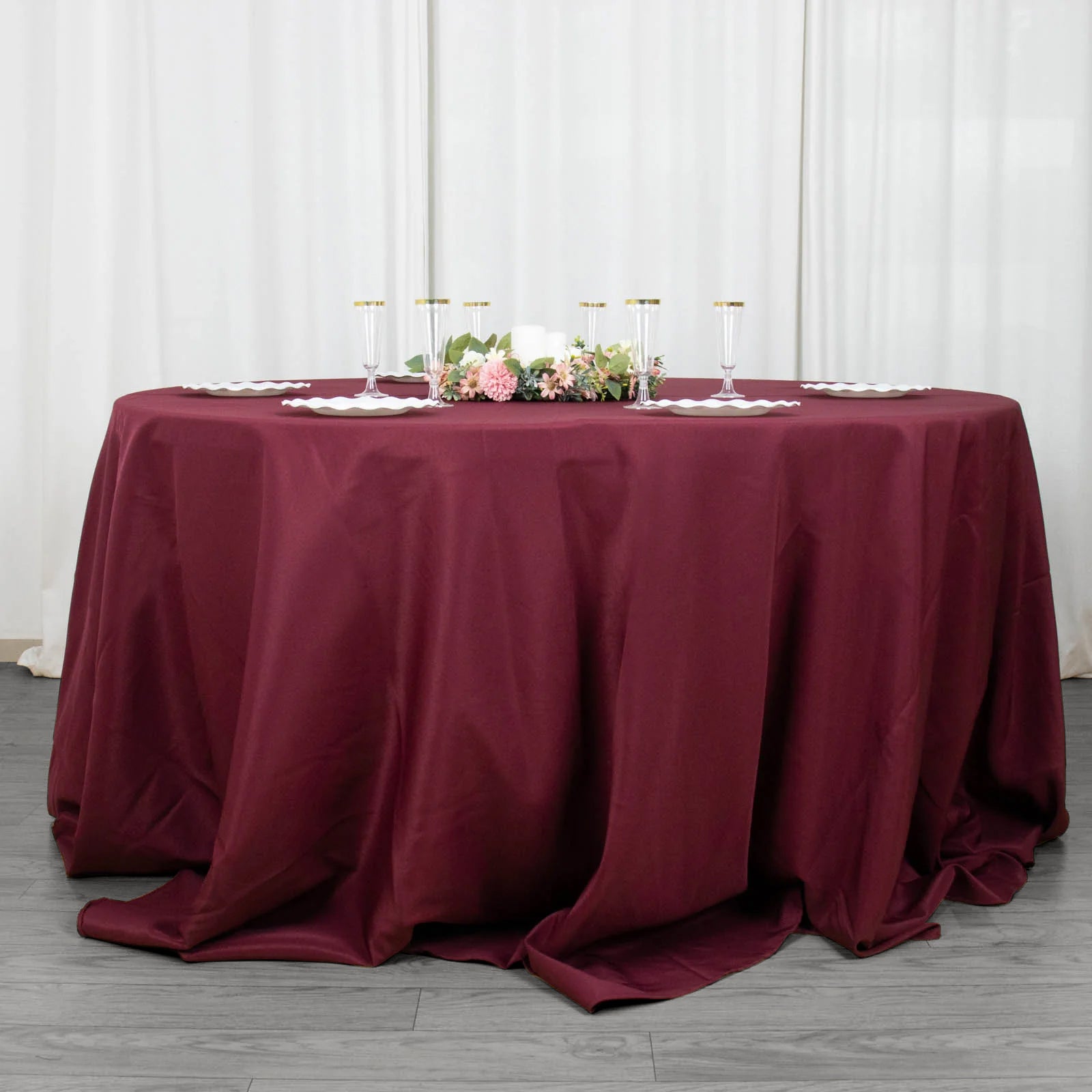 132inch Burgundy 200 GSM Seamless Premium Polyester Round Tablecloth132inch Burgundy 200 GSM Seamless Premium Polyester Round Tablecloth