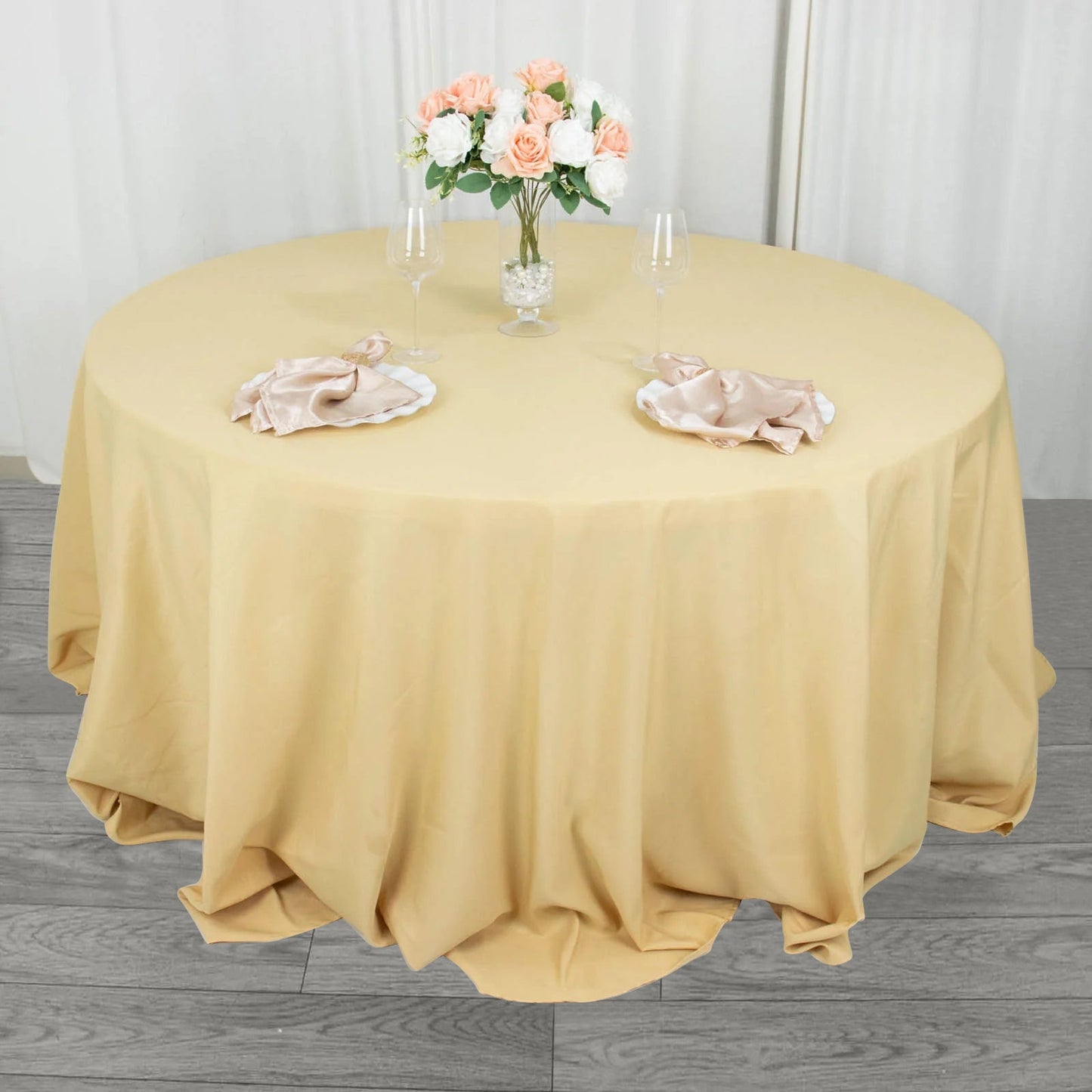 132inch Champagne 200 GSM Seamless Premium Polyester Round Tablecloth