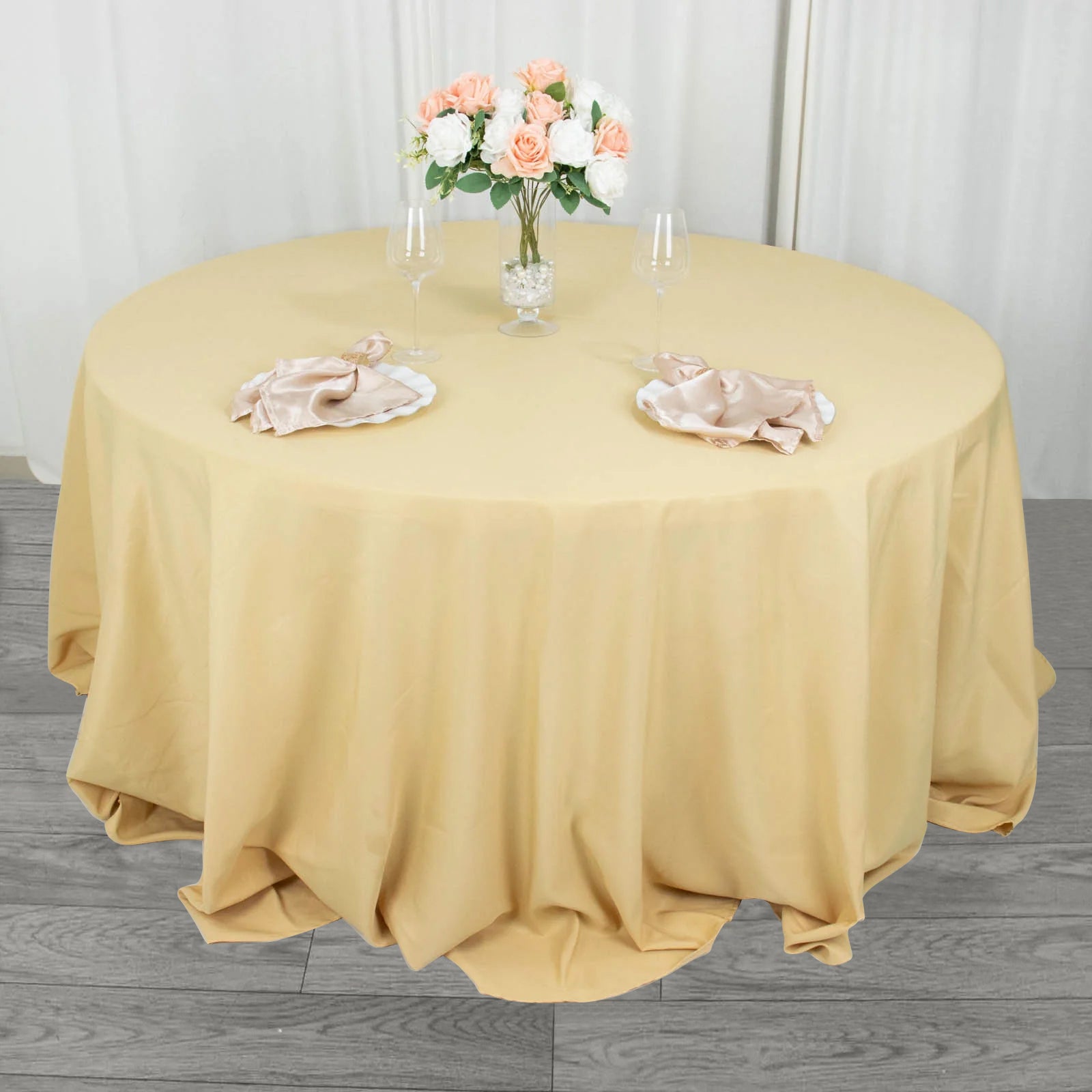 132inch Champagne 200 GSM Seamless Premium Polyester Round Tablecloth
