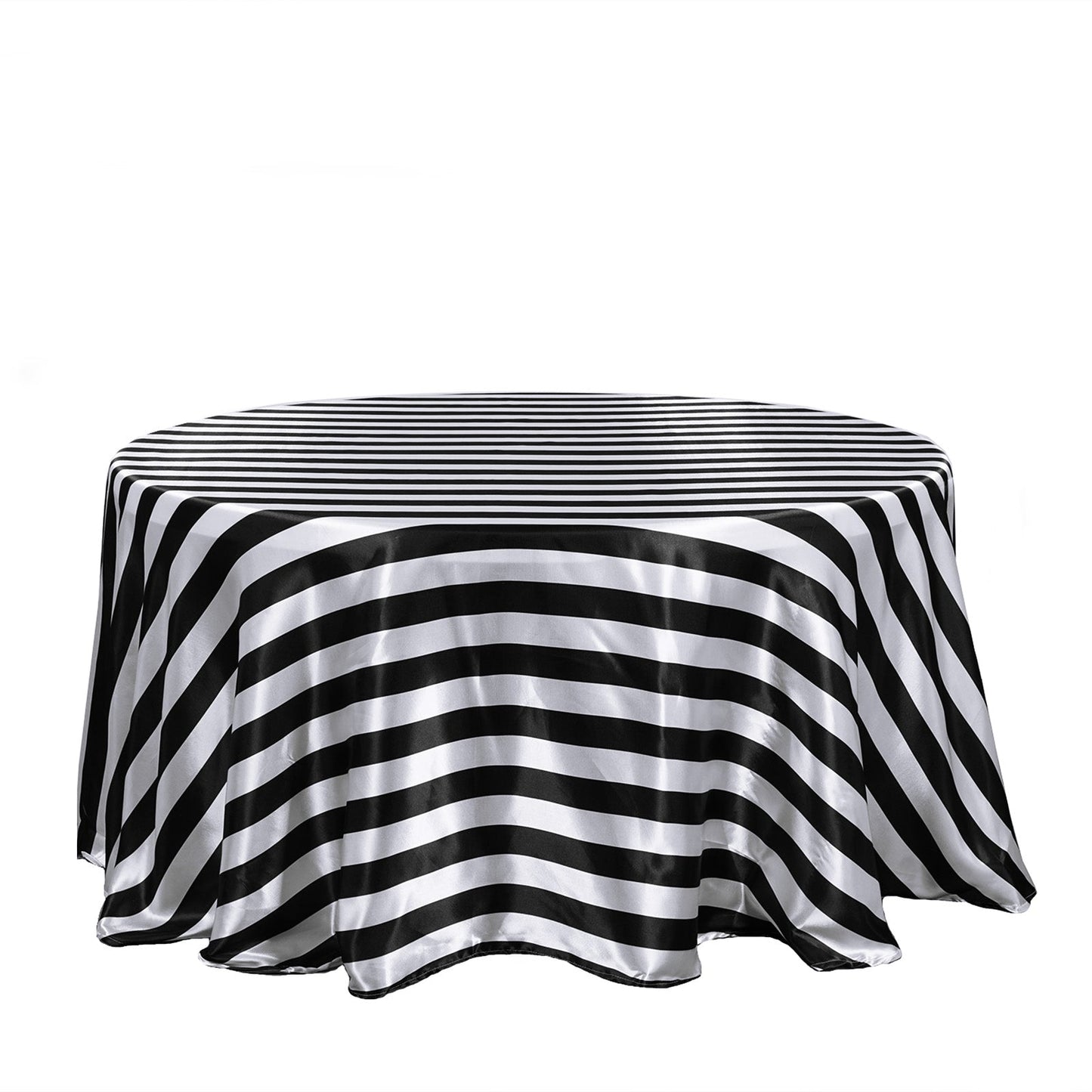 Black and white striped satin round tablecloth.