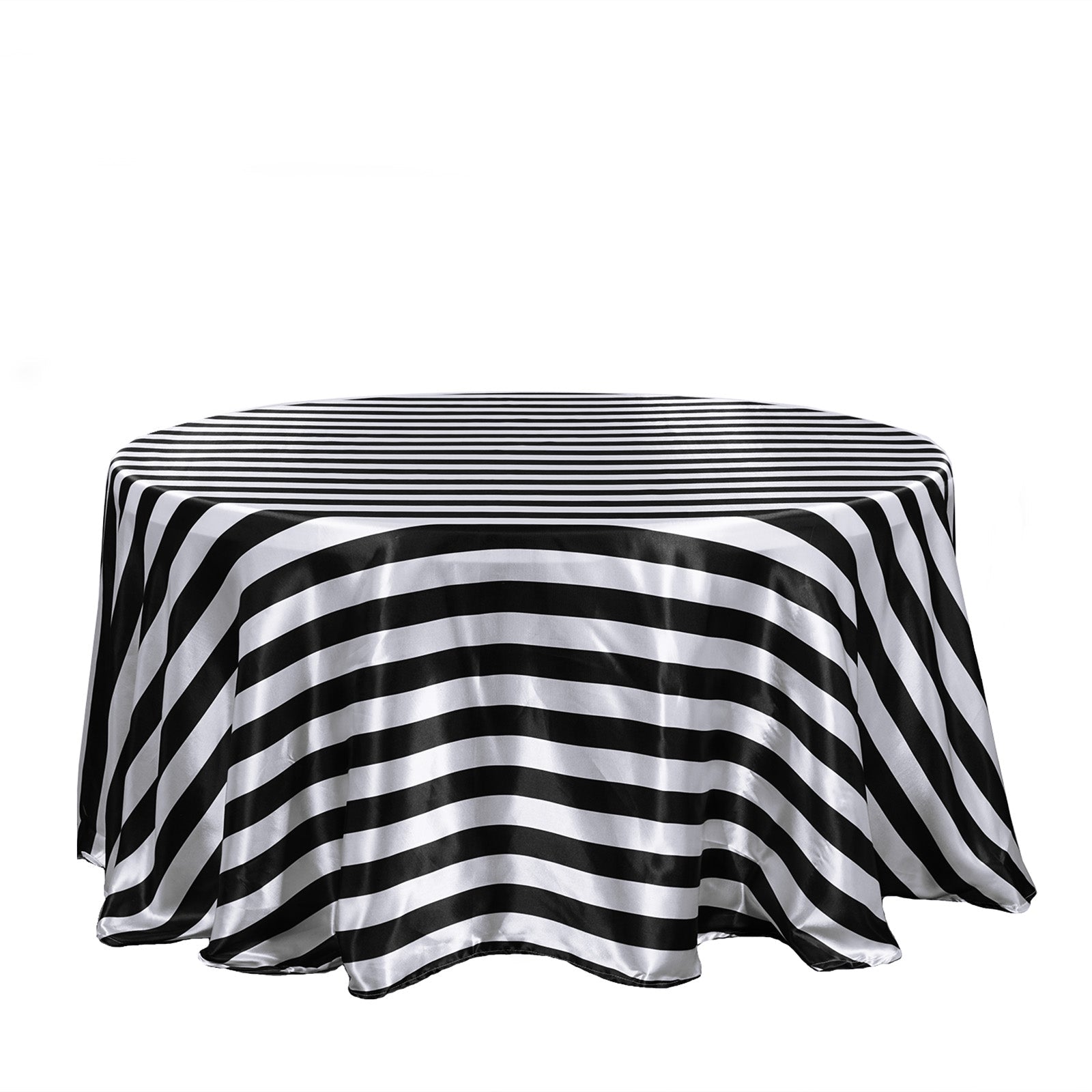 Black and white striped satin round tablecloth.