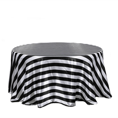 Black and white striped satin round tablecloth.