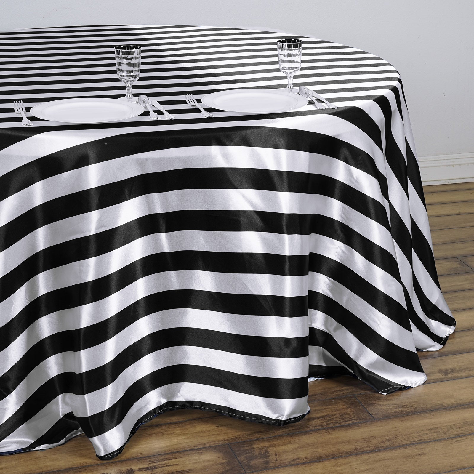 Black and white striped satin round tablecloth