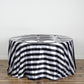 Black and white striped satin round tablecloth.