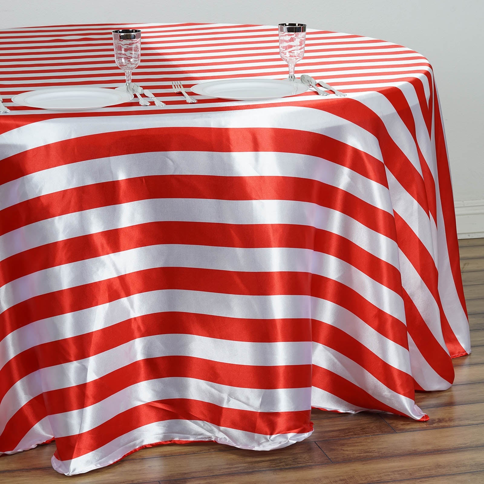 Red and white seamless stripe satin round tablecloth.