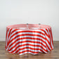 Red and white striped satin round tablecloth.