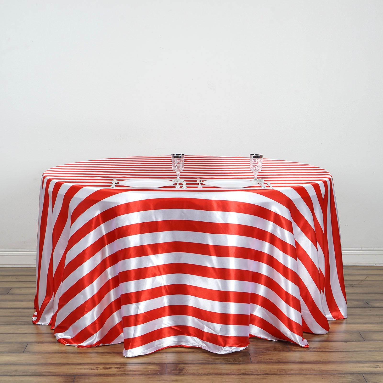 Red and white striped satin round tablecloth.