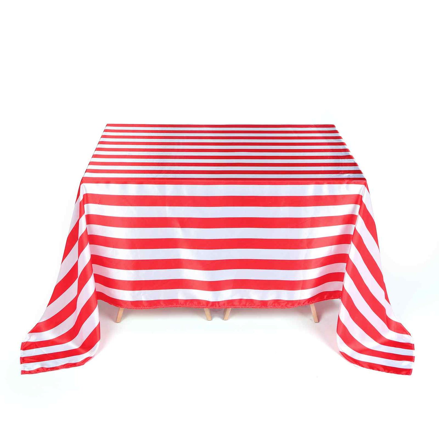 Red and white striped satin rectangle tablecloth, 90"x156".