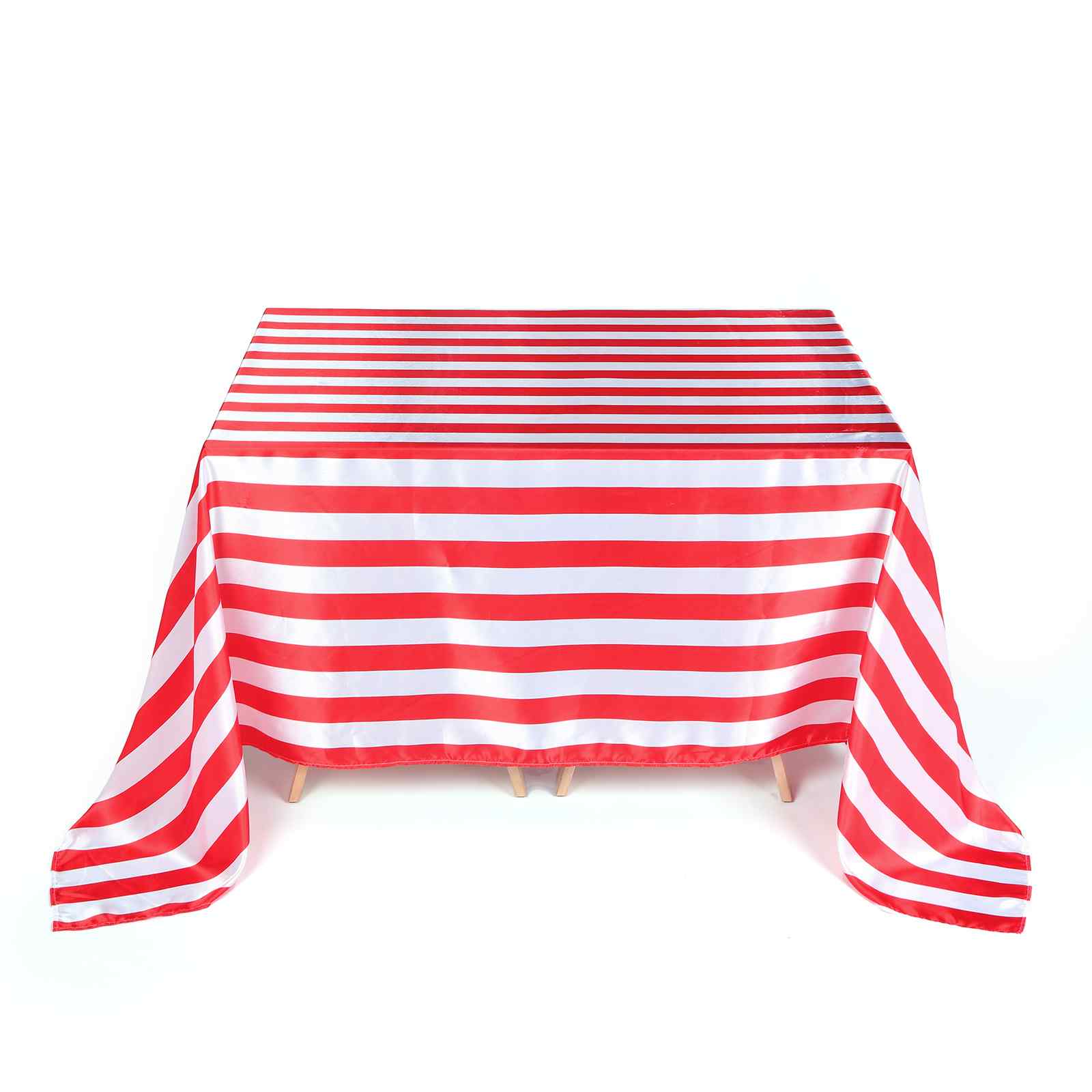 Red and white striped satin rectangle tablecloth, 90"x156".