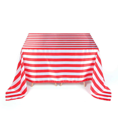 Red and white striped satin rectangle tablecloth, 90"x156".