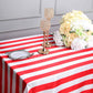 Red and white seamless stripe satin tablecloth on a dining table.