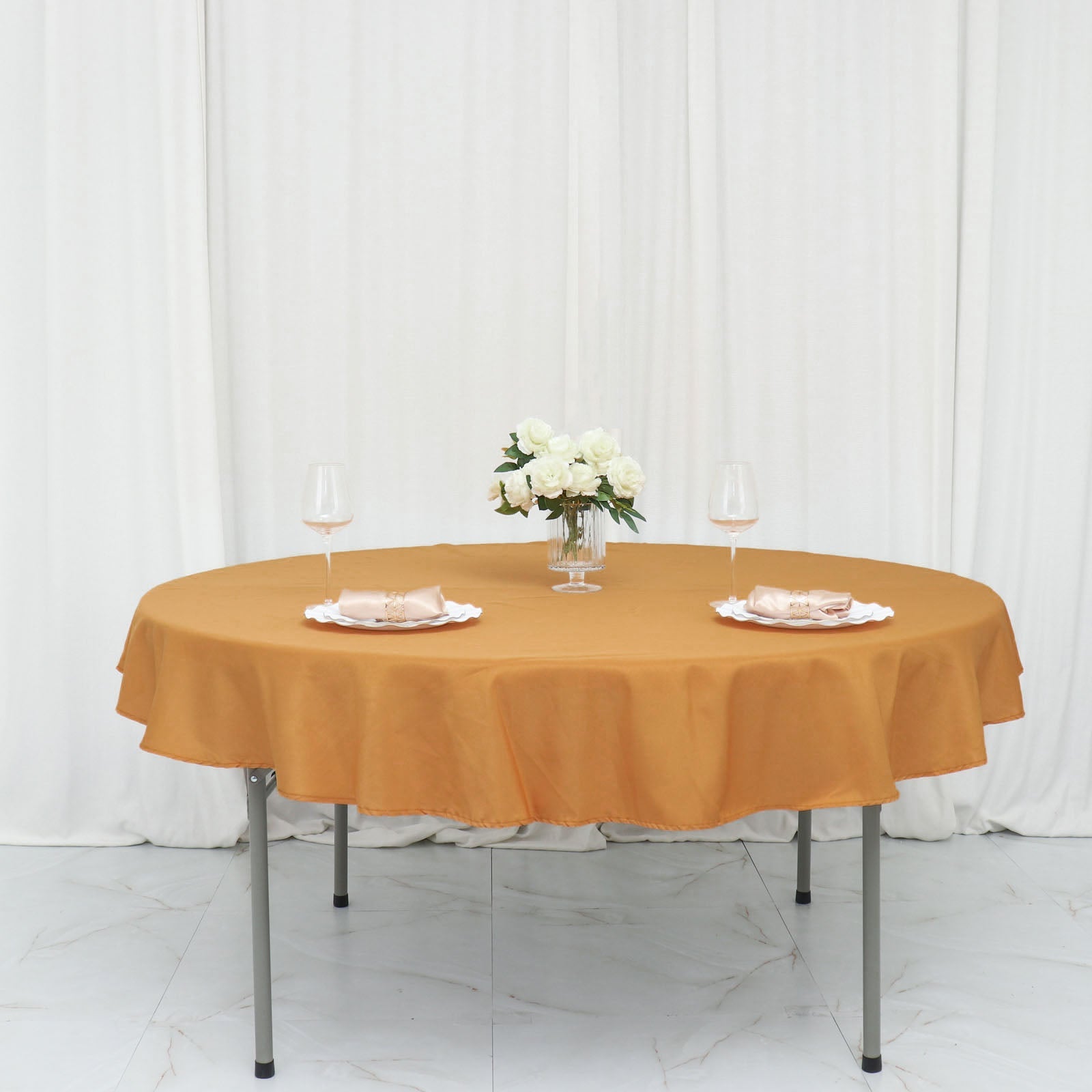 Round Polyester Linen Tablecloth in Gold Color 70 Inch