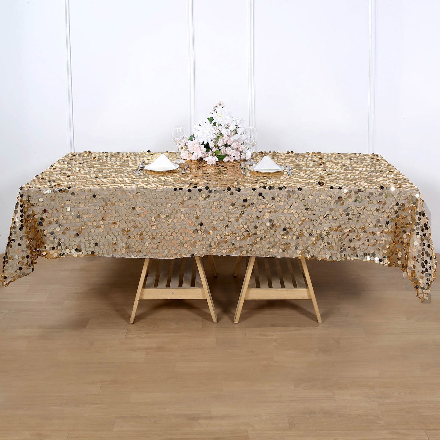 Gold Big Payette Sequin Rectangle Tablecloth 60 Inch x 102 Inch 