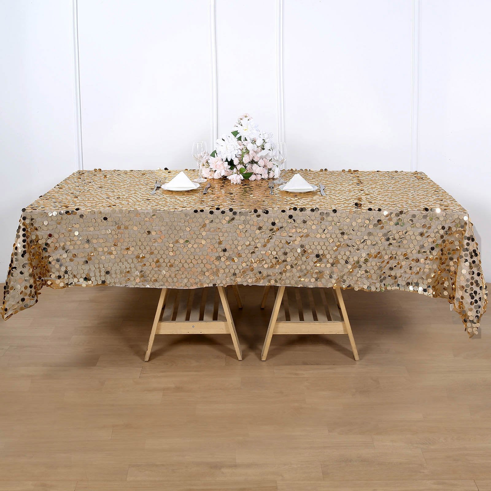Gold Big Payette Sequin Rectangle Tablecloth 60 Inch x 102 Inch 