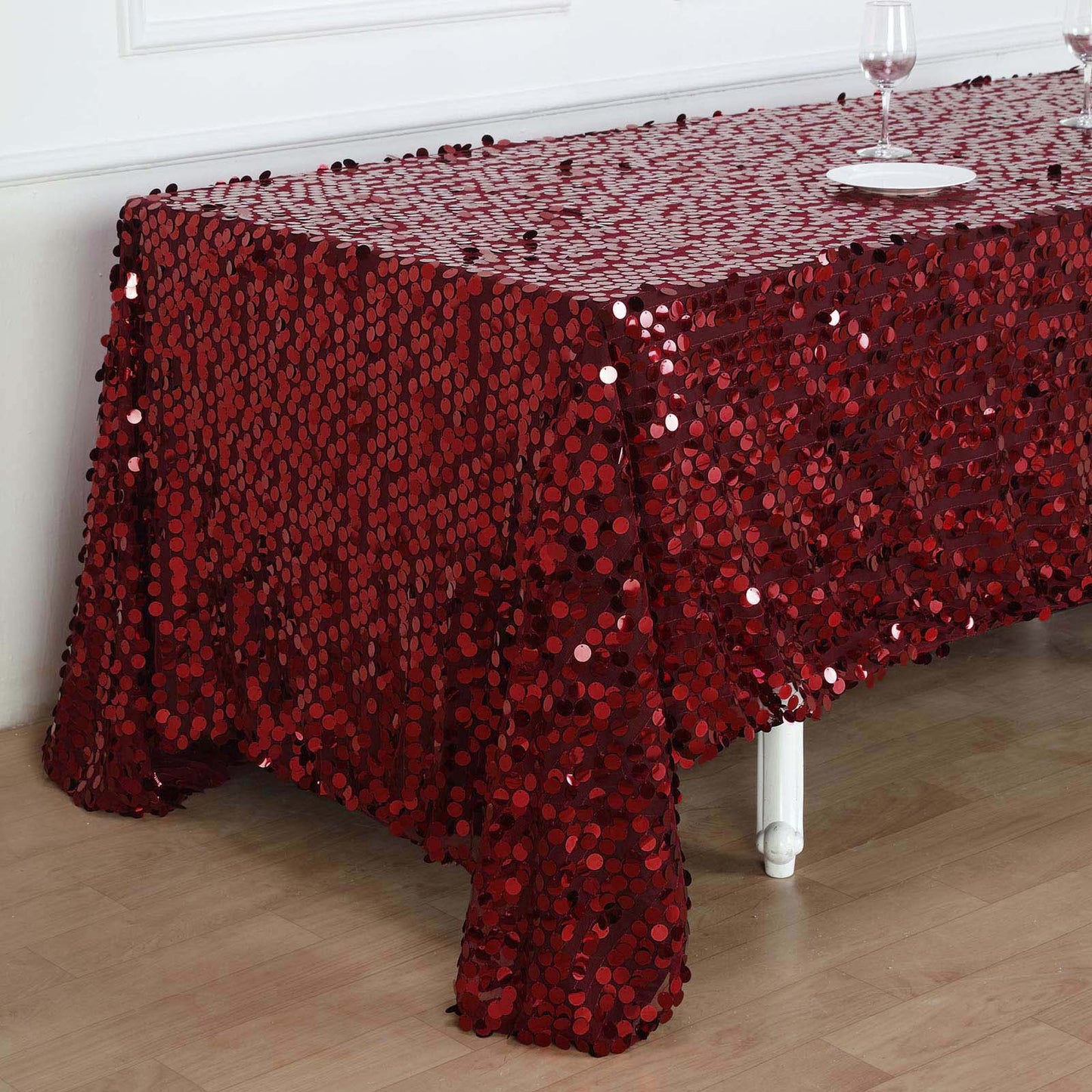 90X132 Burgundy Big Payette Sequin Rectangle Tablecloth Premium