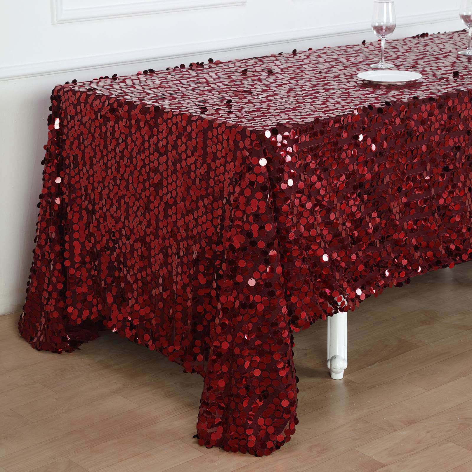 90X132 Burgundy Big Payette Sequin Rectangle Tablecloth Premium