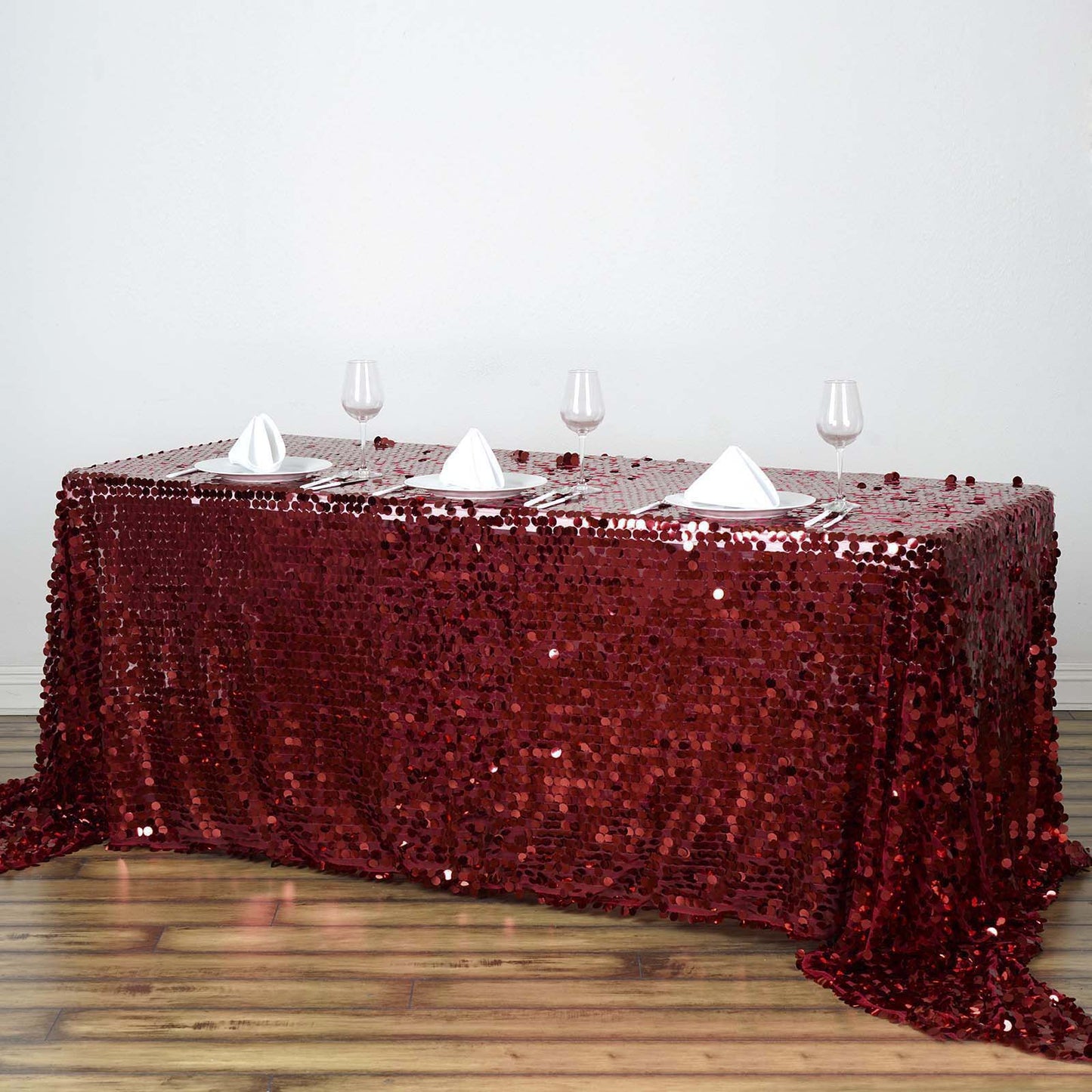 90"x132" Burgundy Seamless Big Payette Sequin Rectangle Tablecloth