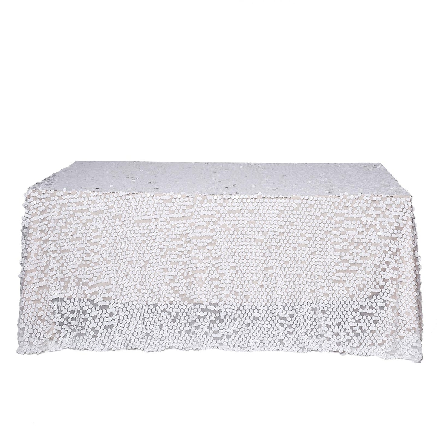 White sequin rectangle tablecloth, 90"x132" for elegant events.