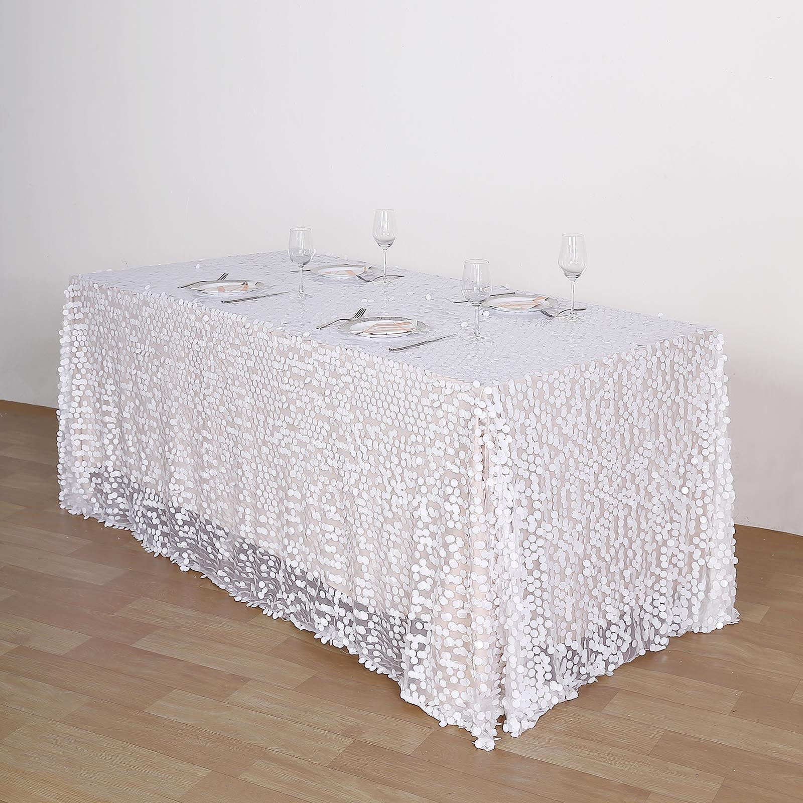 White sequin rectangle tablecloth for elegant events.