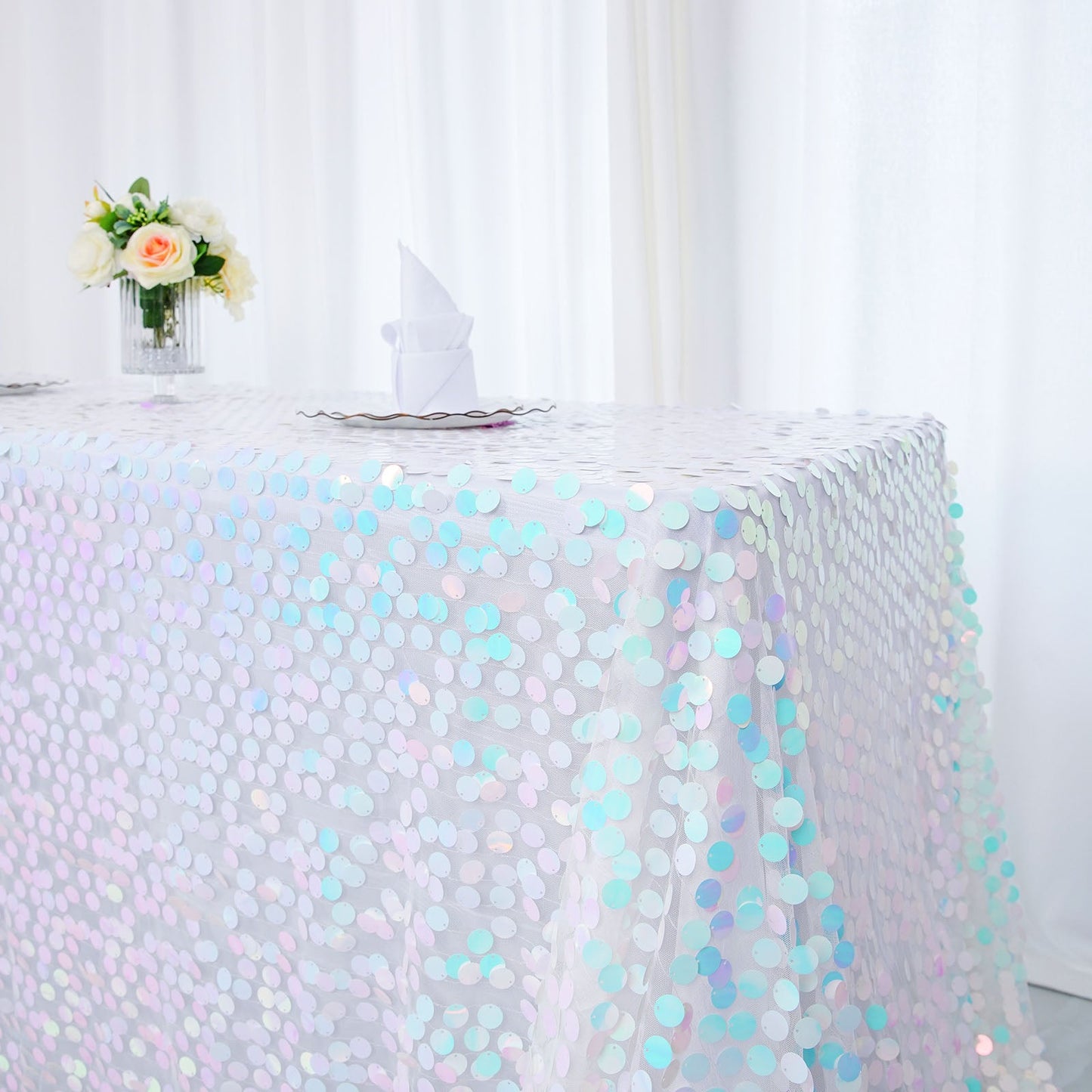 90 Inch x 156 Inch Rectangle Tablecloth Iridescent Blue Big Payette Sequin 