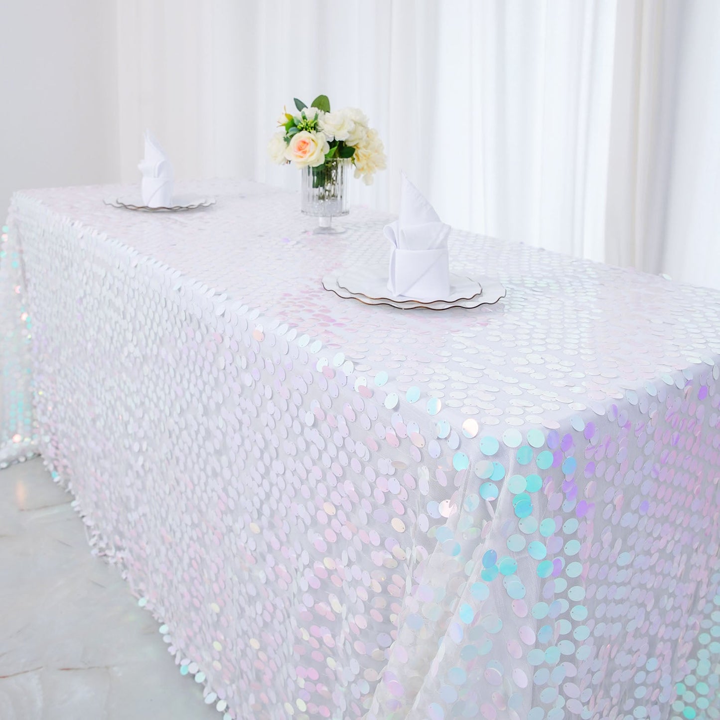 90"x156" Iridescent Blue Seamless Big Payette Sequin Rectangle Tablecloth