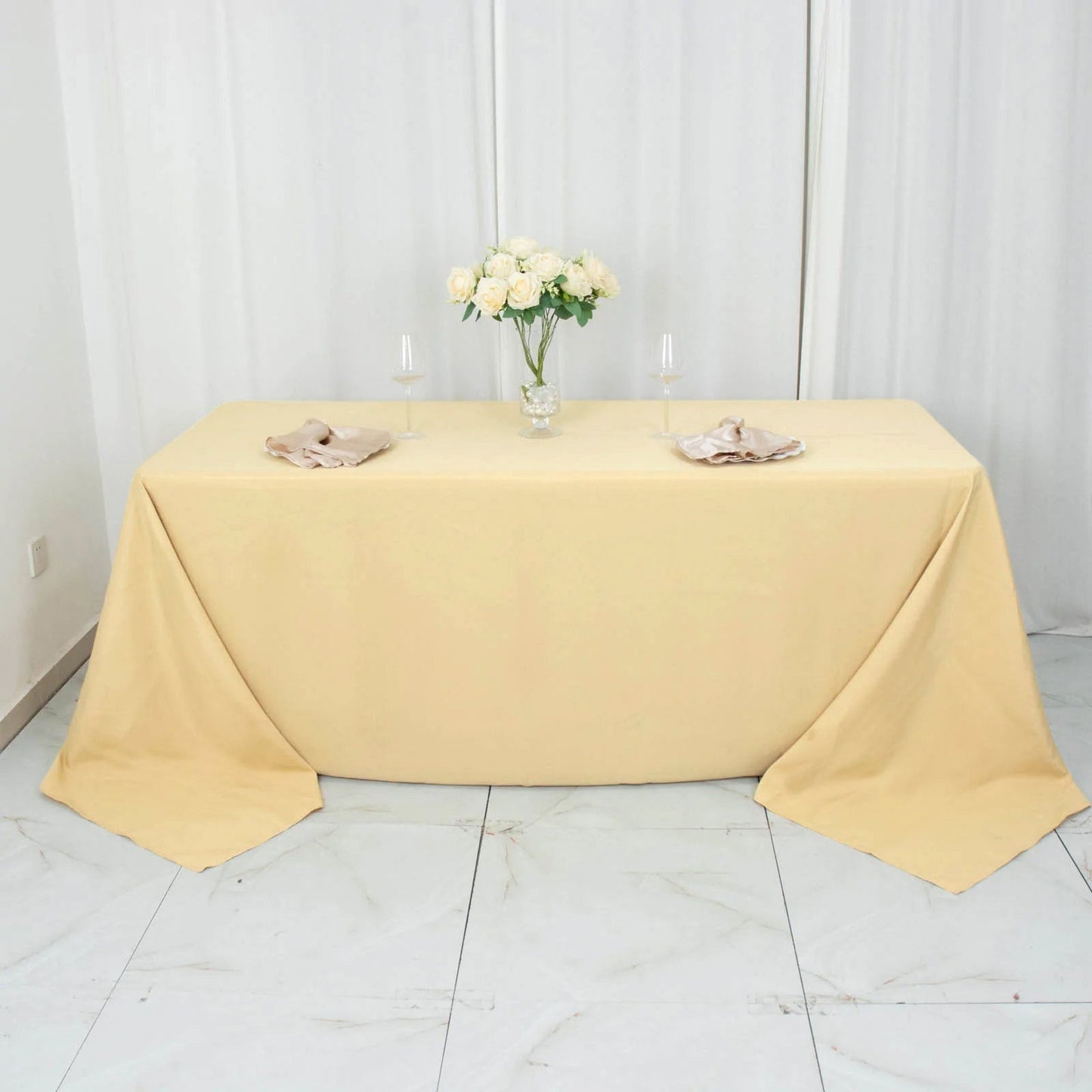 90"x132" Champagne Seamless Premium Polyester Rectangular Tablecloth - 220GSM