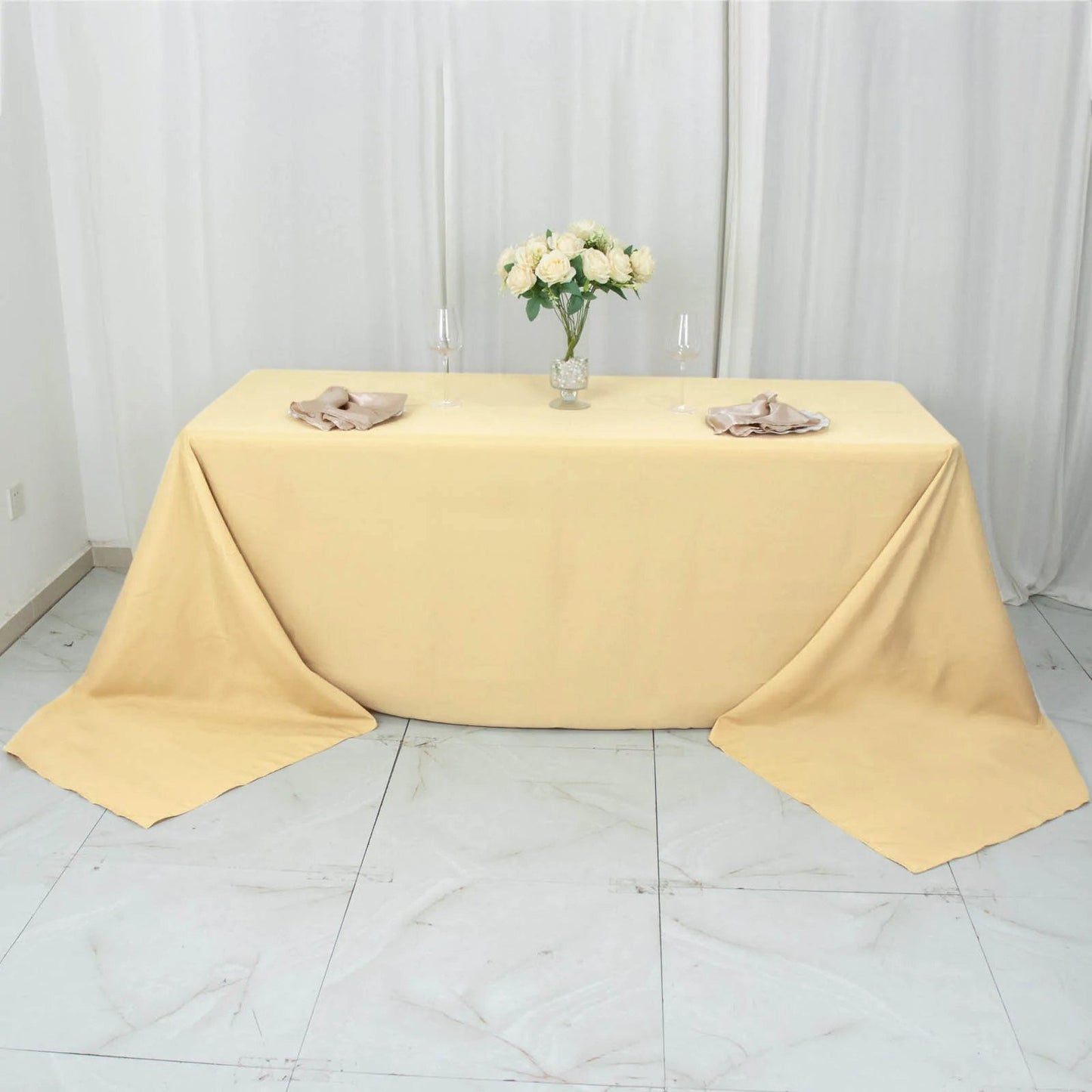 90"x156" Champagne Seamless Premium Polyester Rectangular Tablecloth - 220GSM