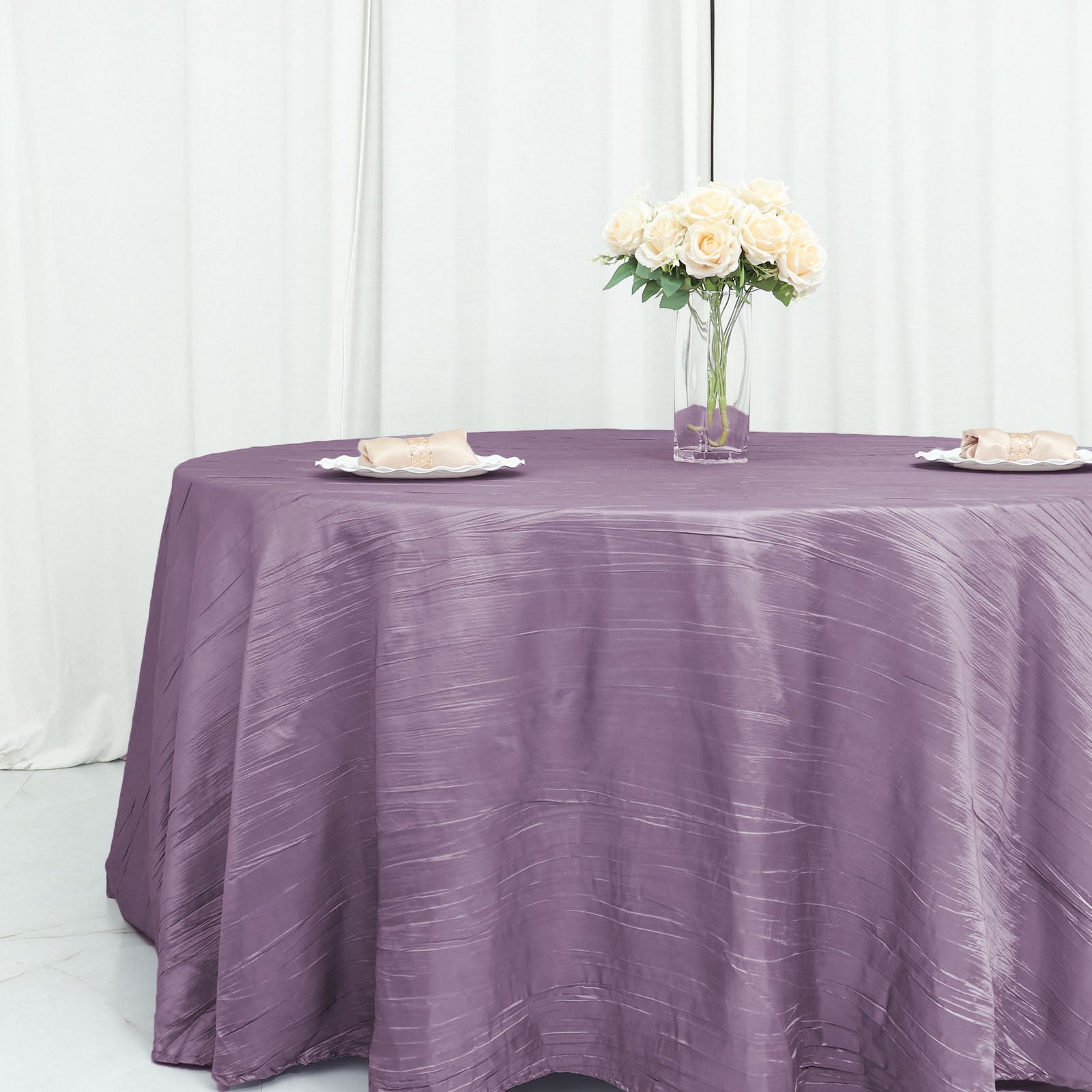 Violet Amethyst Round Tablecloth in Accordion Crinkle Taffeta Fabric 120 Inch 