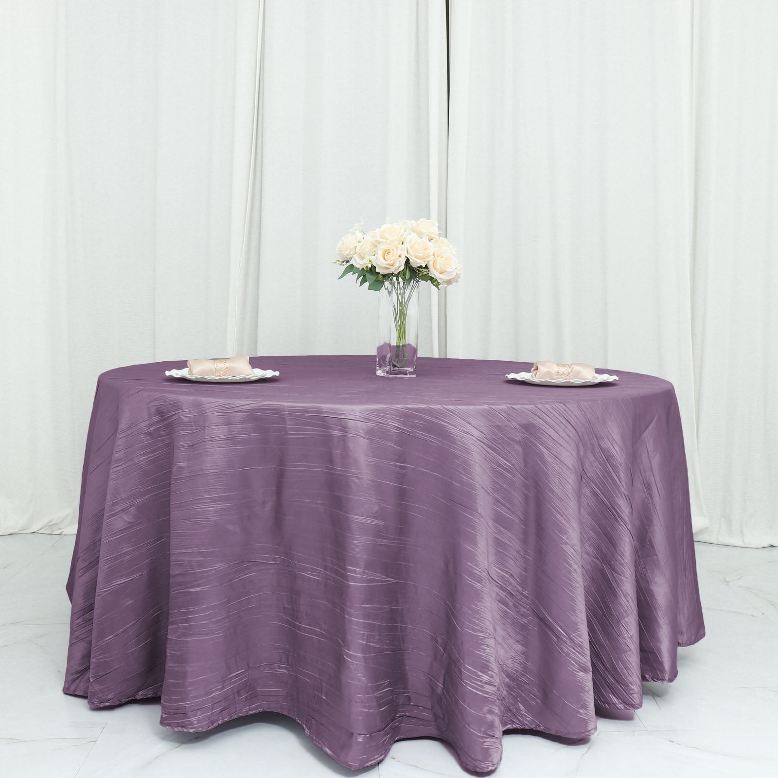 Accordion Crinkle Taffeta Round Tablecloth in Violet Amethyst Color 120 Inch