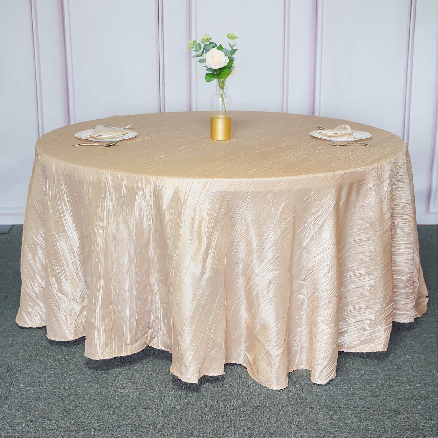 120" Beige Seamless Accordion Crinkle Taffeta Round Tablecloth
