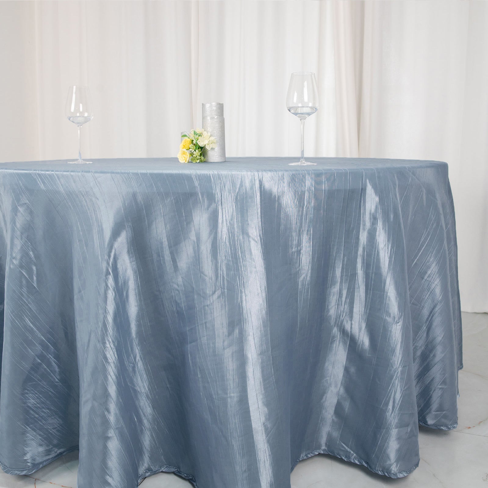 Round Dusty Blue Accordion Crinkle Taffeta Tablecloth 120 Inch