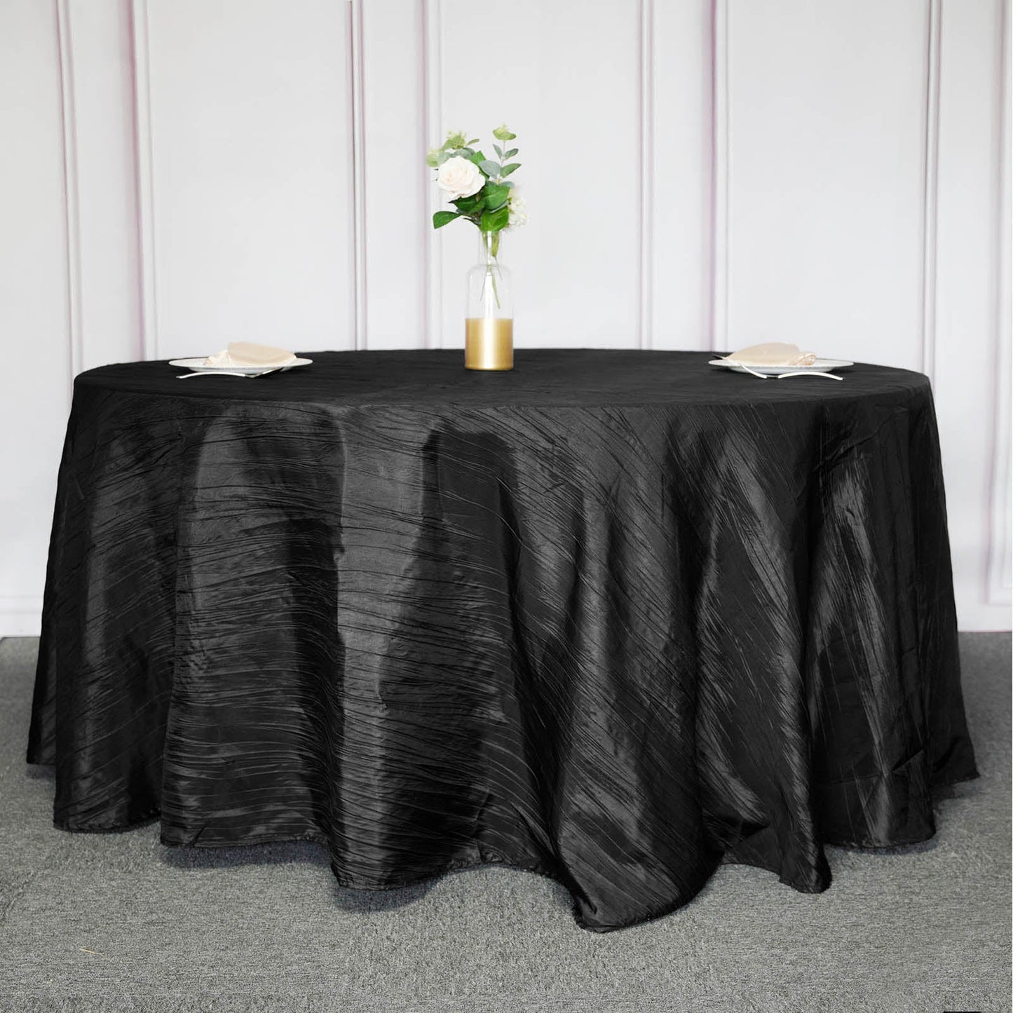 120 Inch Round Tablecloth Black Accordion Crinkle Taffeta Fabric