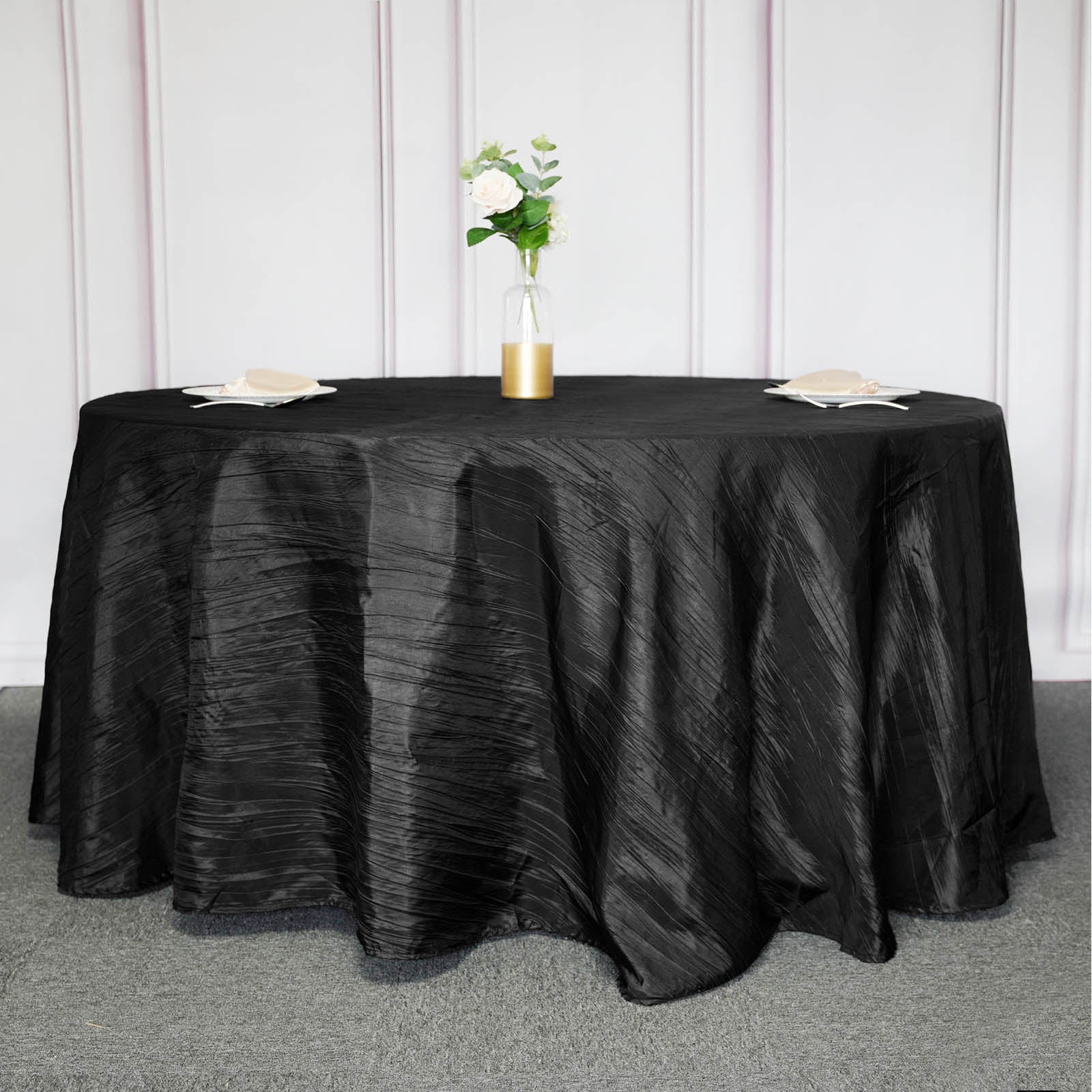 120 Inch Round Tablecloth Black Accordion Crinkle Taffeta Fabric