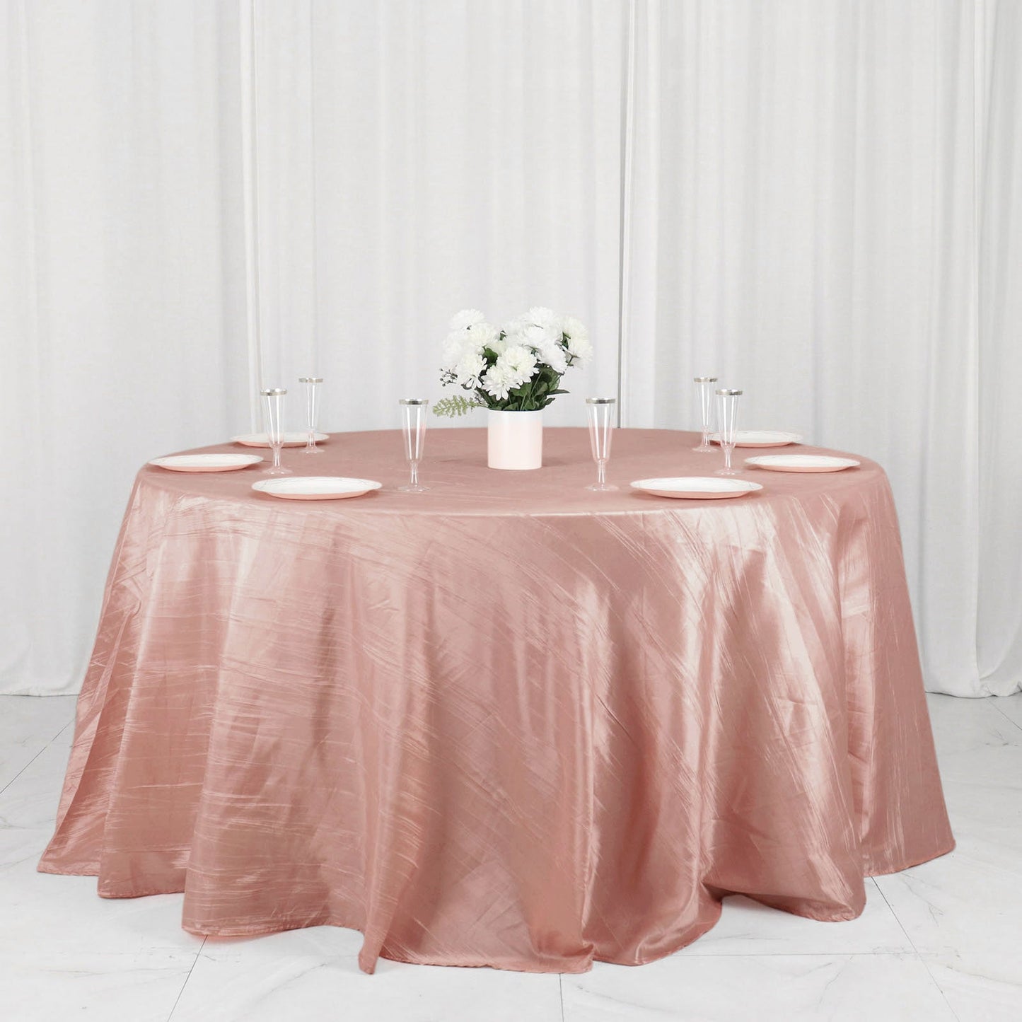 132" Dusty Rose Accordion Crinkle Taffeta Seamless Round Tablecloth